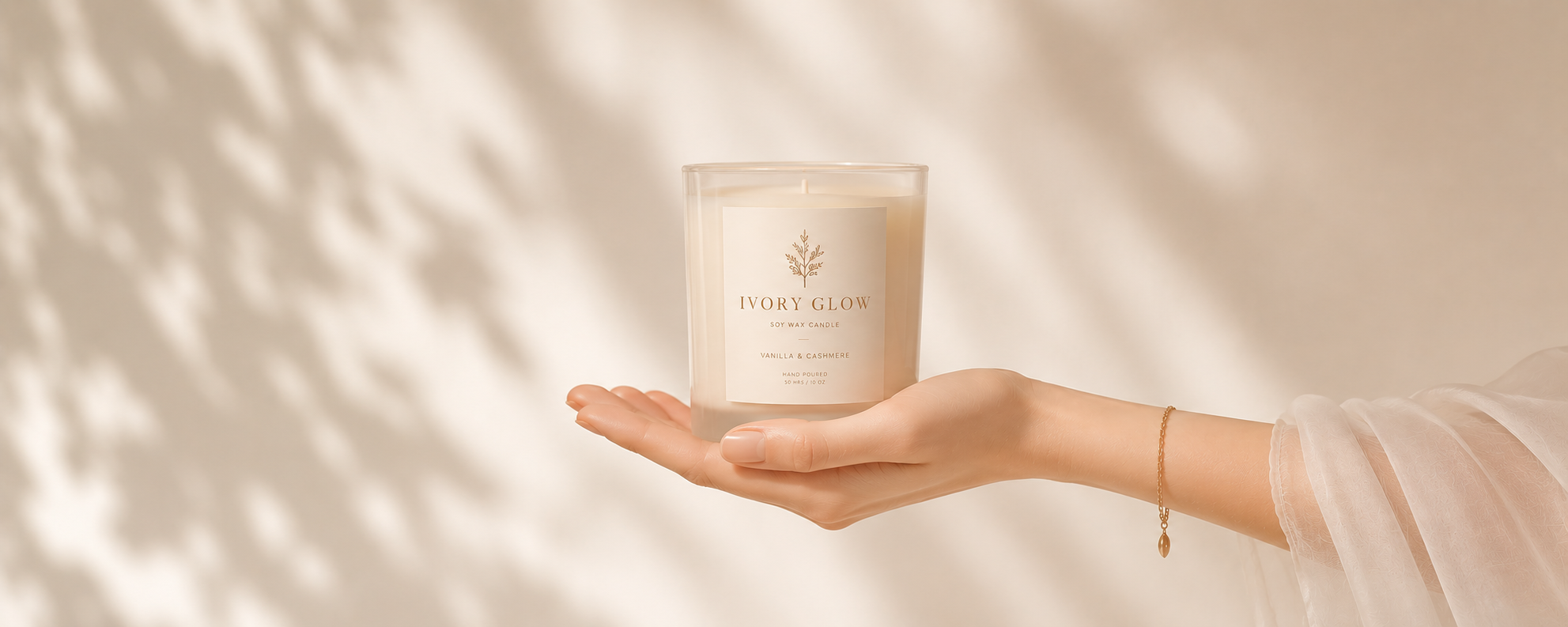 A hand gently holding an Ivory Glow soy candle in soft morning light